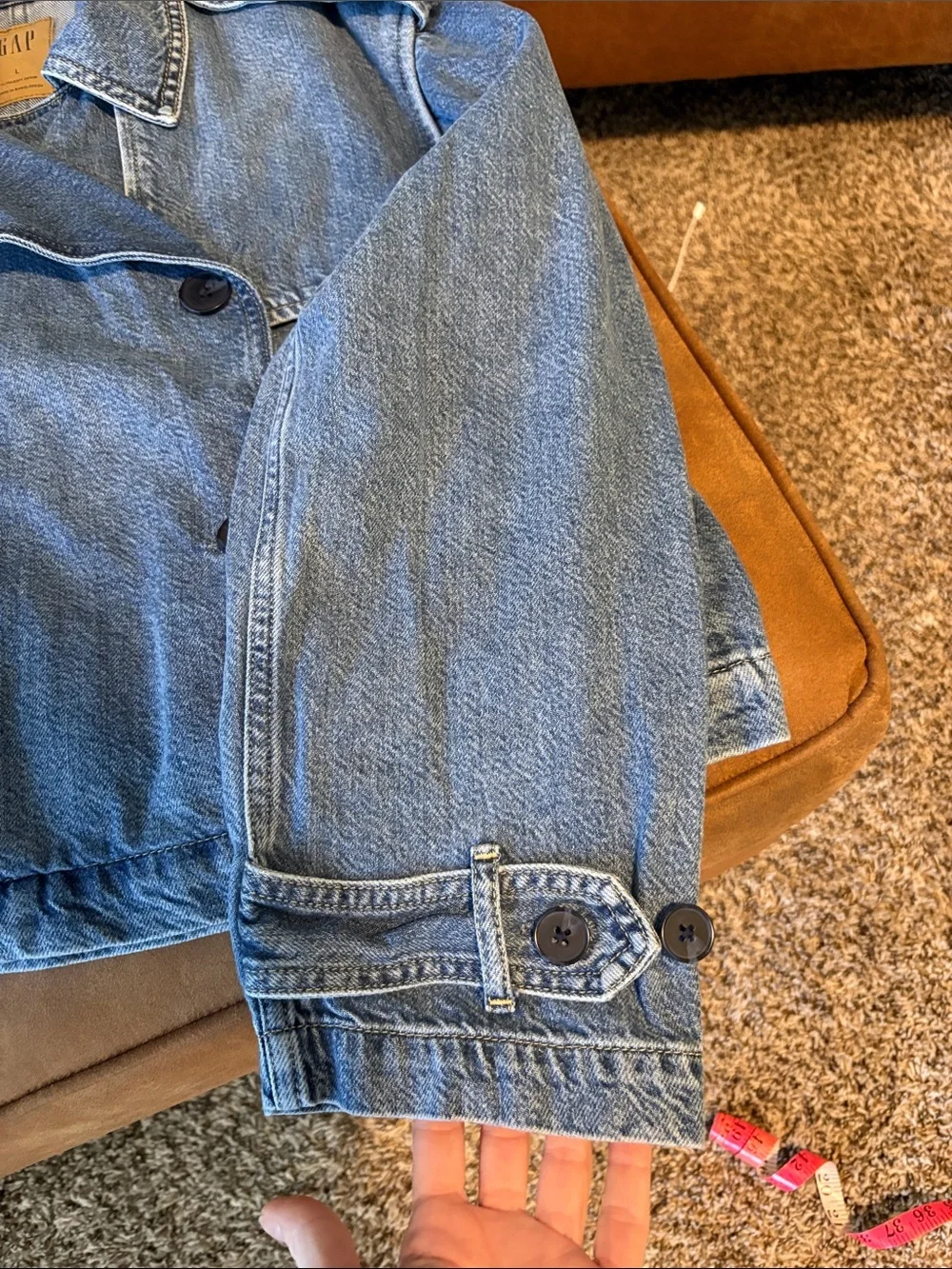GAP Denim Trench Jacket Women’s Large Cropped Double Breasted Light Wash - Picture 7 of 11